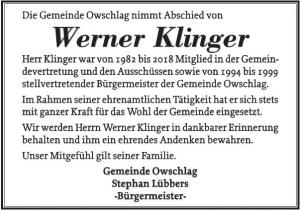 Bild - Traueranzeige der Gemeinde Owschlag für Werner Klinger